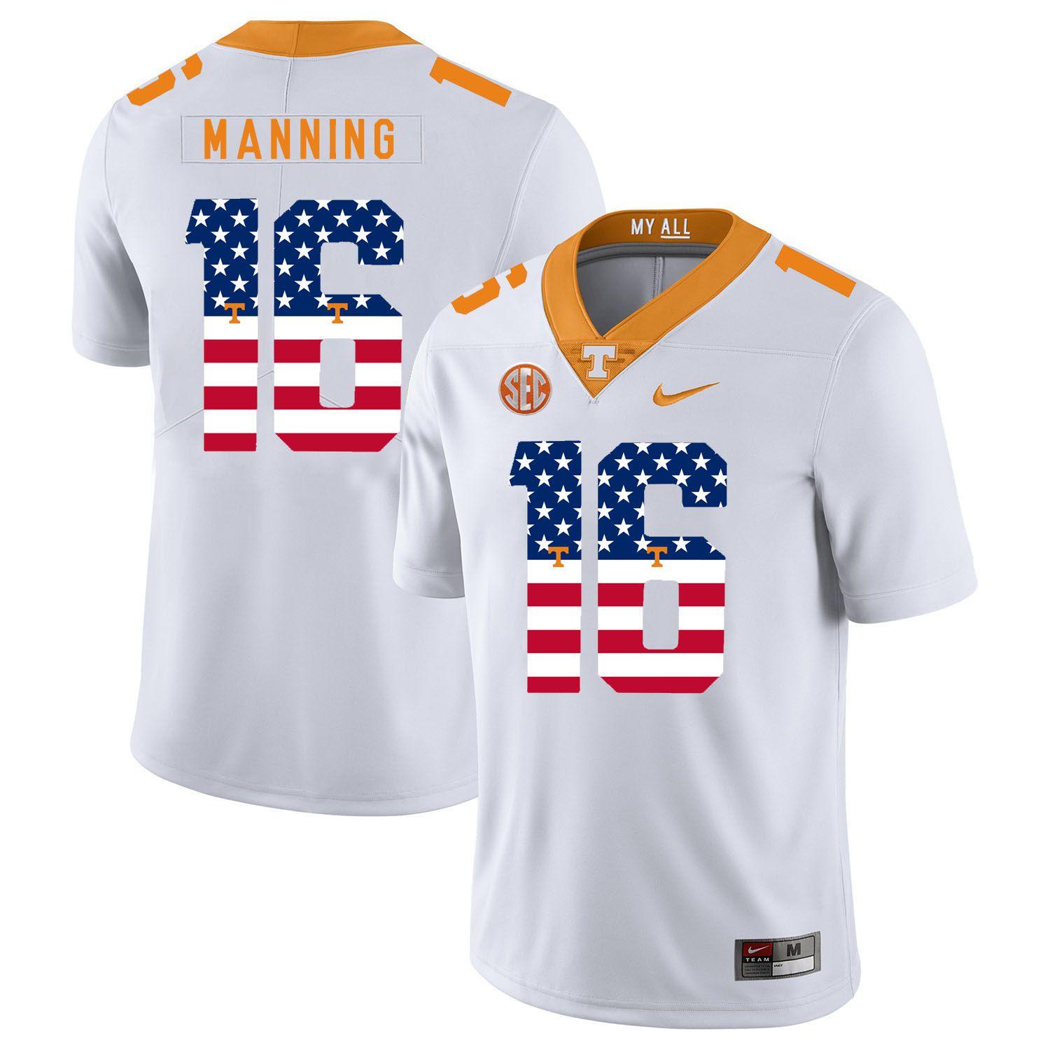 Men Tennessee Volunteers #16 Manning White Flag Customized NCAA Jerseys->customized ncaa jersey->Custom Jersey